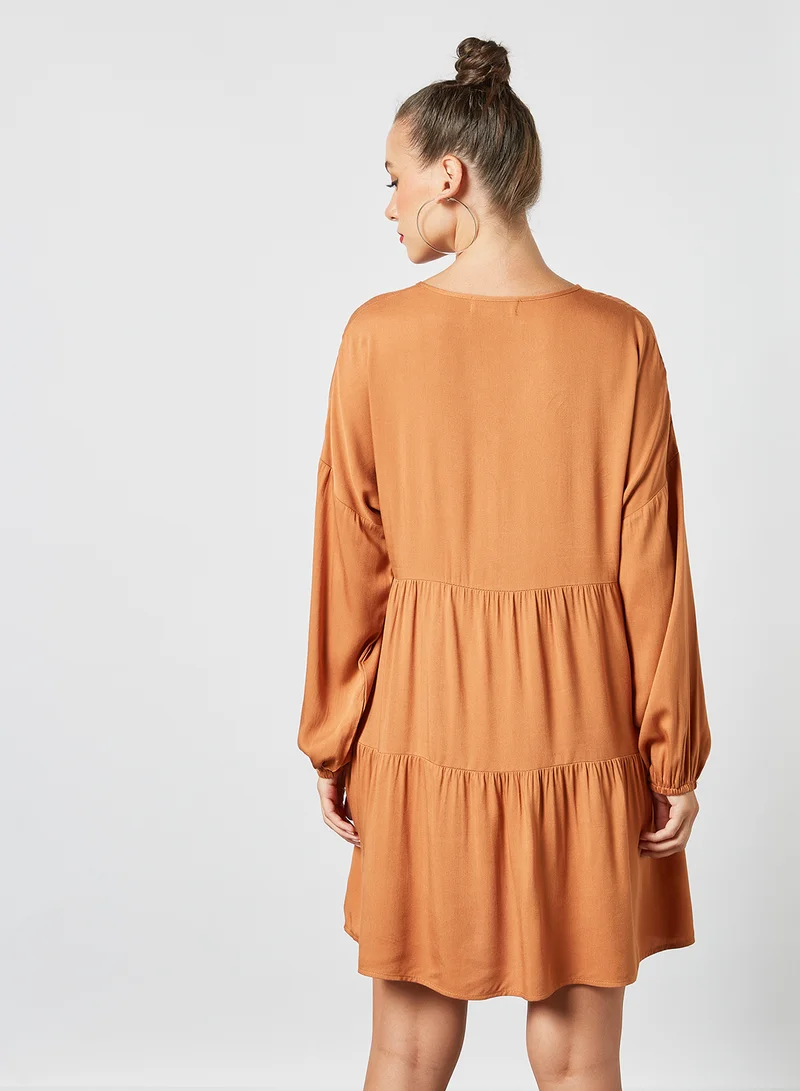 LABEL RAIL Tiered Mini Dress Brown