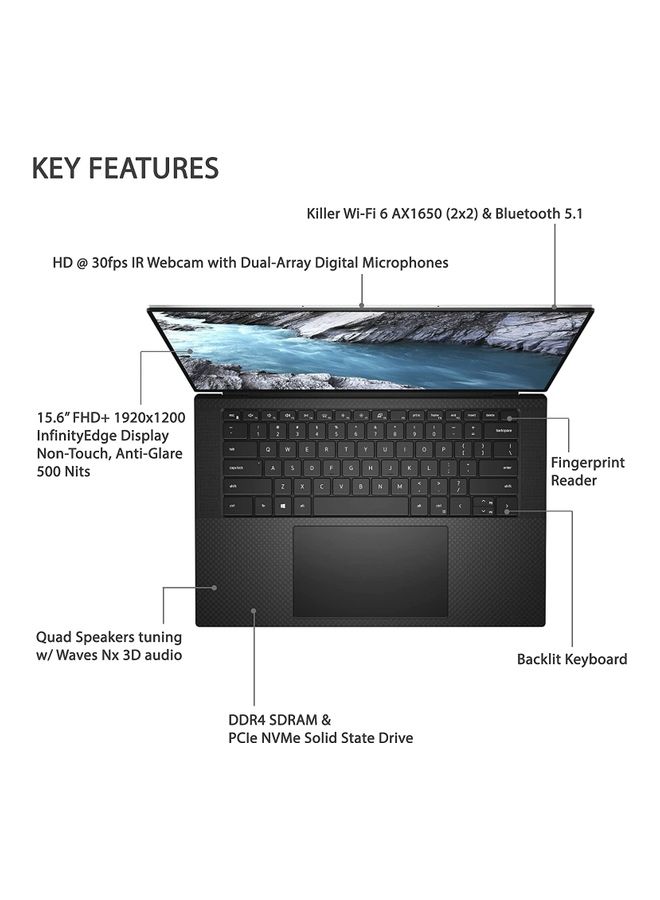 ديل - لابتوب XPS 15 9510 بشاشة 15.6 بوصة بدقةٍ كاملة الوضوح، ومعالج كور I9 طراز 11900H وذاكرة رام 16 جيجابايت ومحرك أقراص SSD سعة 1 تيرابايت وبطاقة رسومات إنفيديا RTX 3050Ti سعة 4 جيجابايت ونظام تشغيل ويندوز 10 / الإصدار العالمي الإنجليزية/العربية لون فضي بلاتيني من الخارج وأسود من الداخل - Image 1