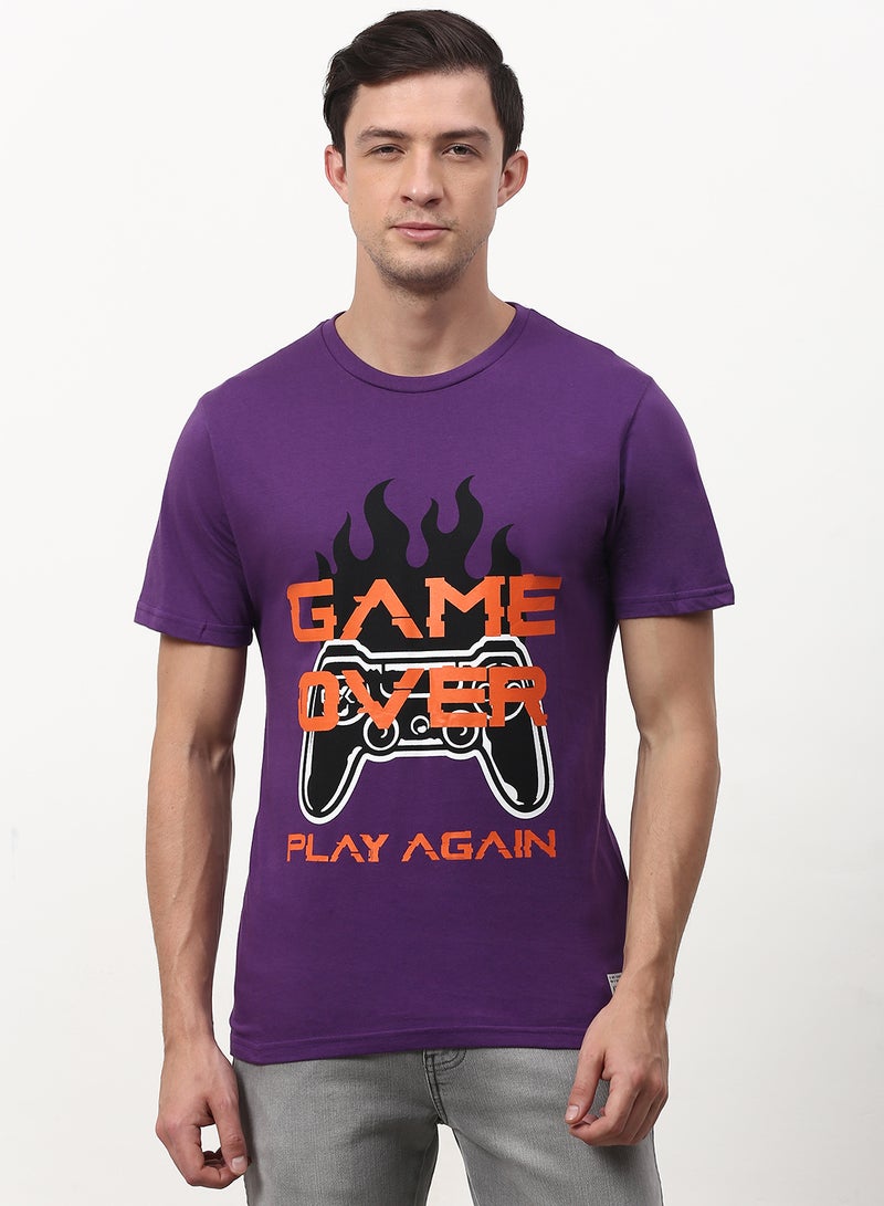 ABOF Game Over Play Again Printed Crew Neck T-Shirt Purple/Black/Orange - Image 1