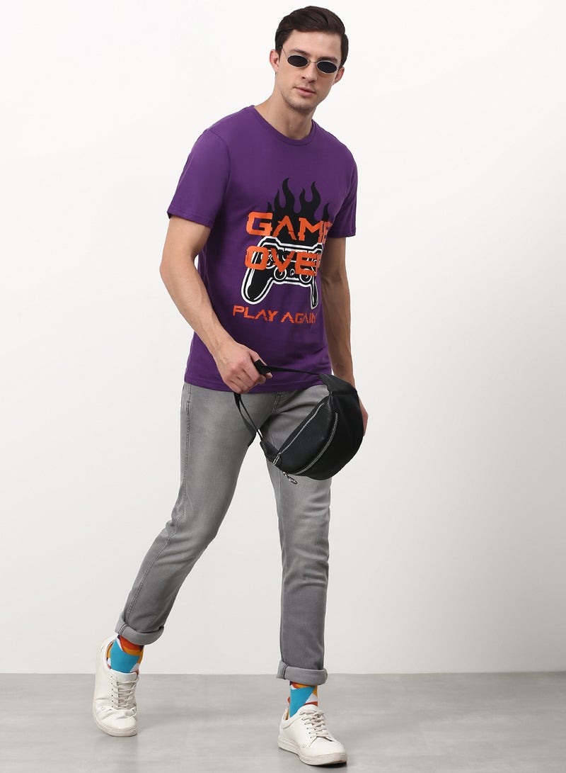 ABOF Game Over Play Again Printed Crew Neck T-Shirt Purple/Black/Orange - Image 3