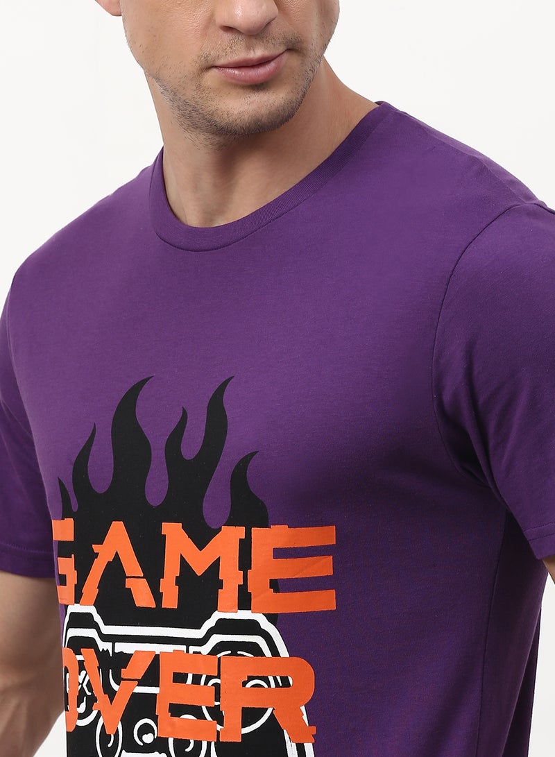 ABOF Game Over Play Again Printed Crew Neck T-Shirt Purple/Black/Orange - Image 4