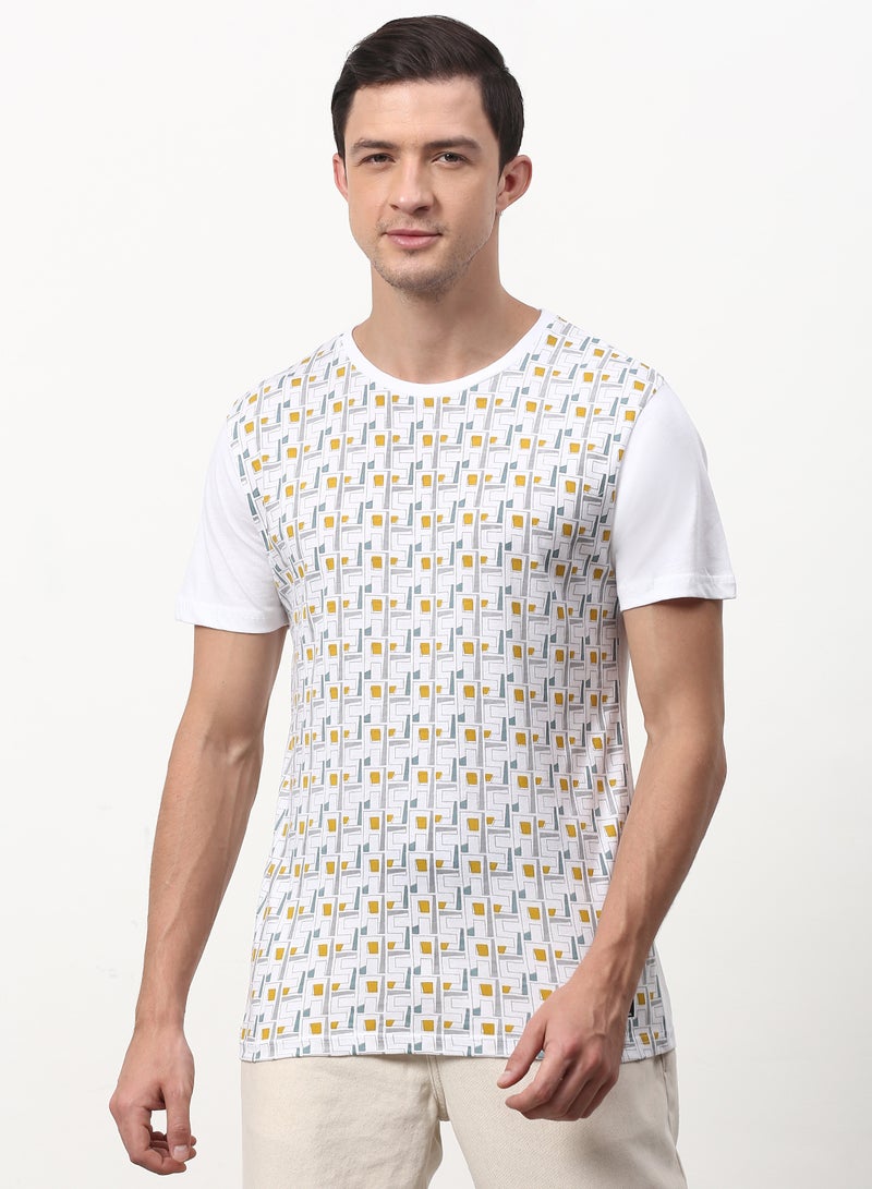 ABOF - All Over Printed Regular Fit Crew Neck T-Shirt White/Yellow - Image 1