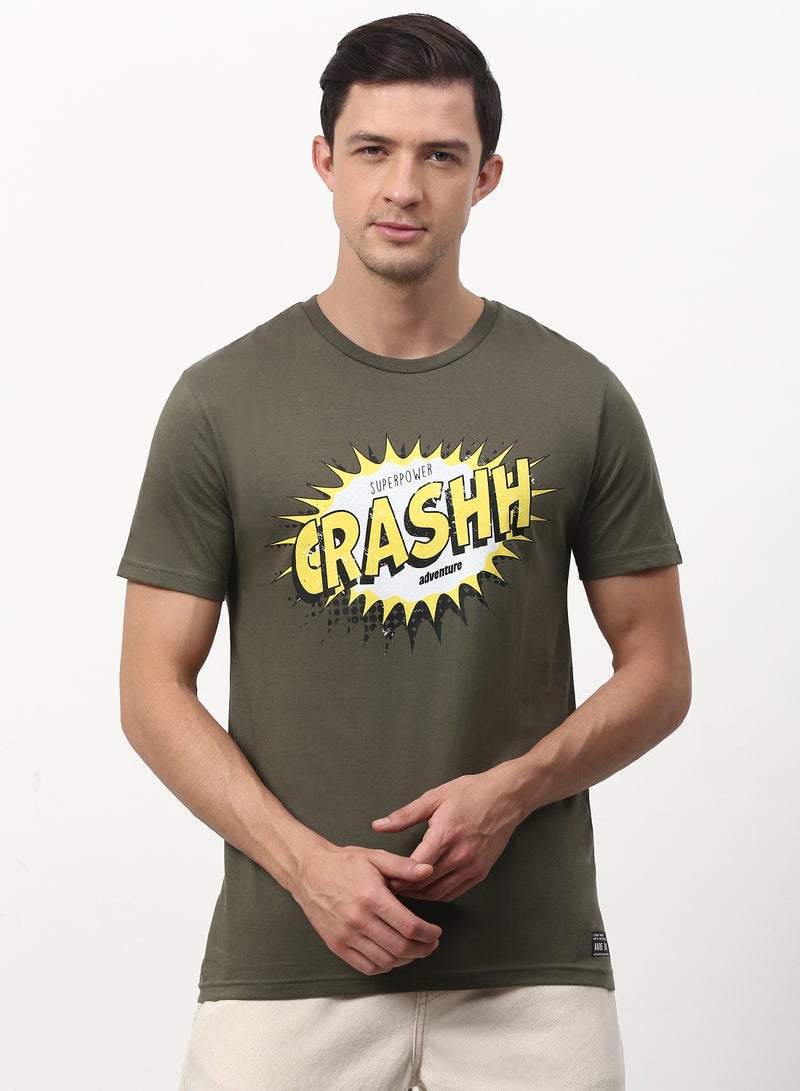 ABOF - Graphic Printed Crew Neck Regular Fit T-Shirt Olive - Image 1