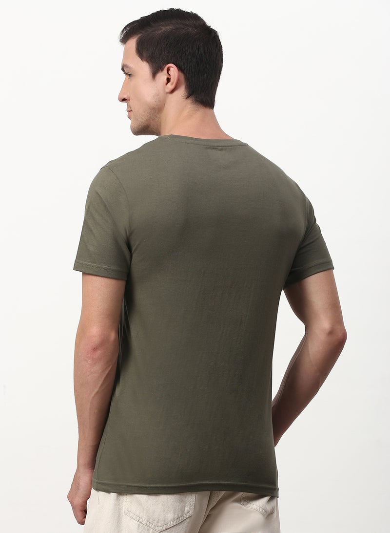 ABOF - Graphic Printed Crew Neck Regular Fit T-Shirt Olive - Image 1