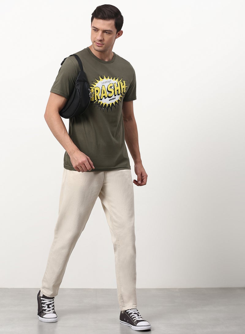 ABOF - Graphic Printed Crew Neck Regular Fit T-Shirt Olive - Image 1