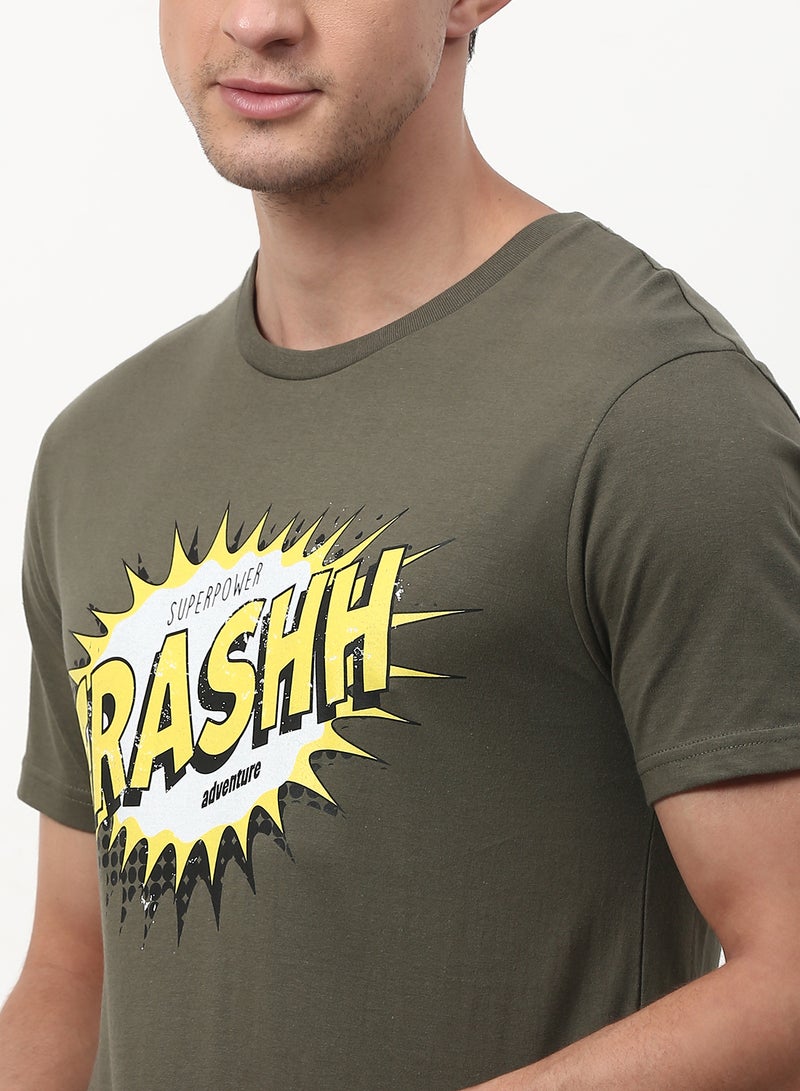 ABOF - Graphic Printed Crew Neck Regular Fit T-Shirt Olive - Image 1