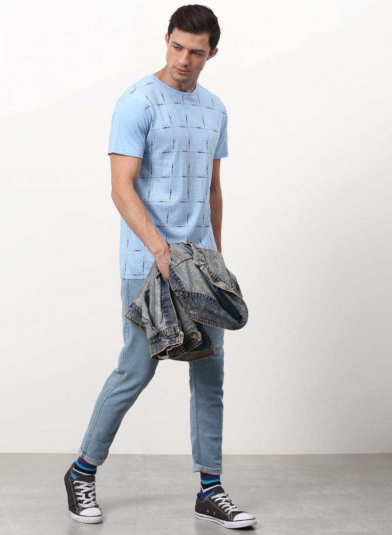 ABOF - All Over Printed Regular Fit Crew Neck T-Shirt Sky Blue/Black - Image 1