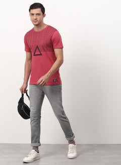 ABOF Graphic Printed Crew Neck Regular Fit T-Shirt Pink  - Image 3