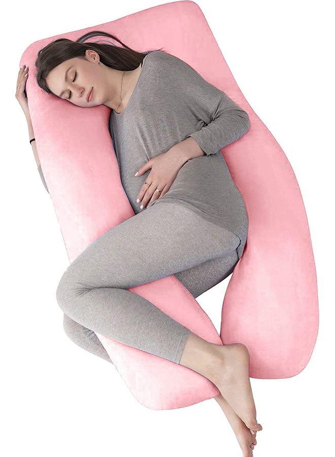 Blueberry - U Shaped Maternity Pillow With Removable Velvet Cover Cotton Pink 55x27x6inch - Image 1