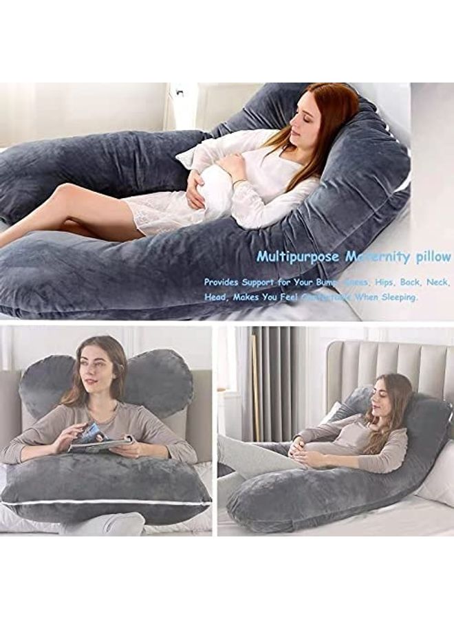 Blueberry - U Shaped Maternity Pillow With Removable Velvet Cover Cotton Grey 55x28inch - Image 1