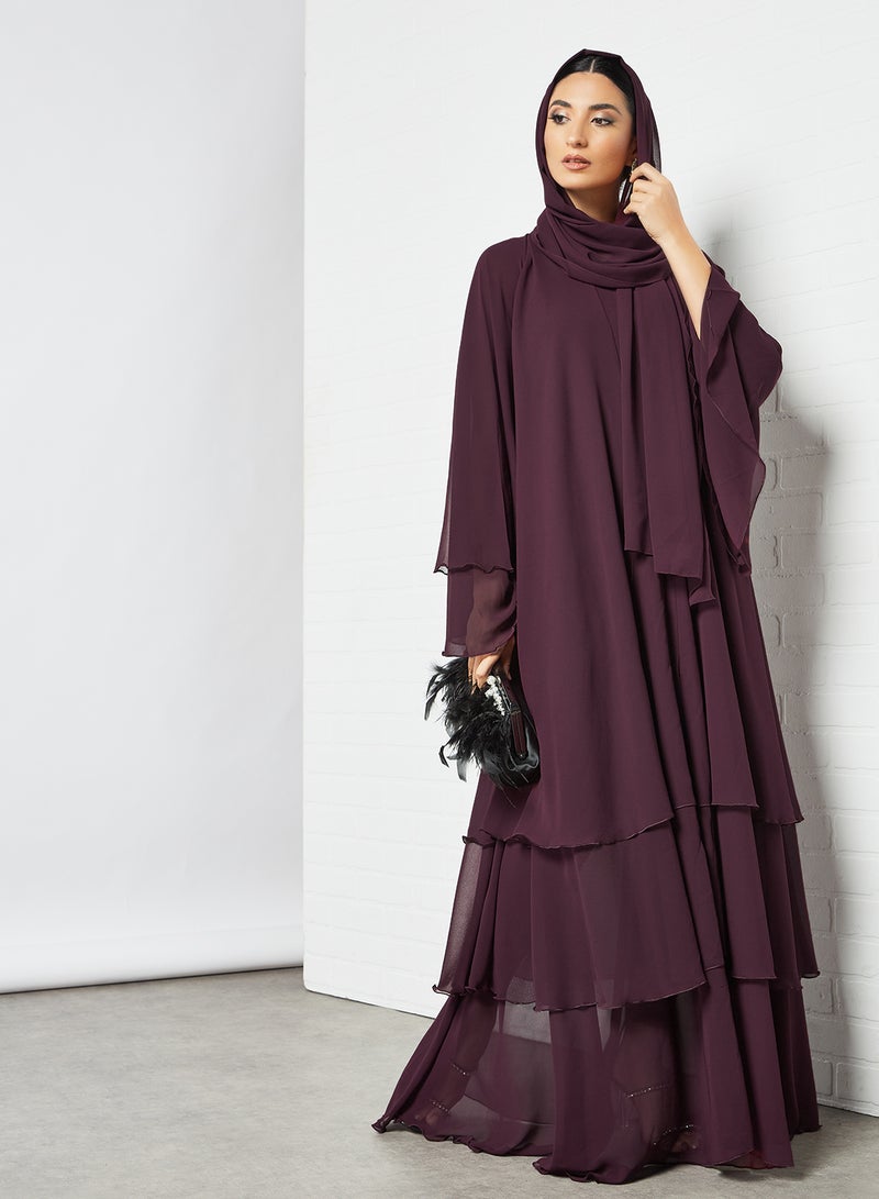 Bousni Layered Abaya Burgundy  - Image 1