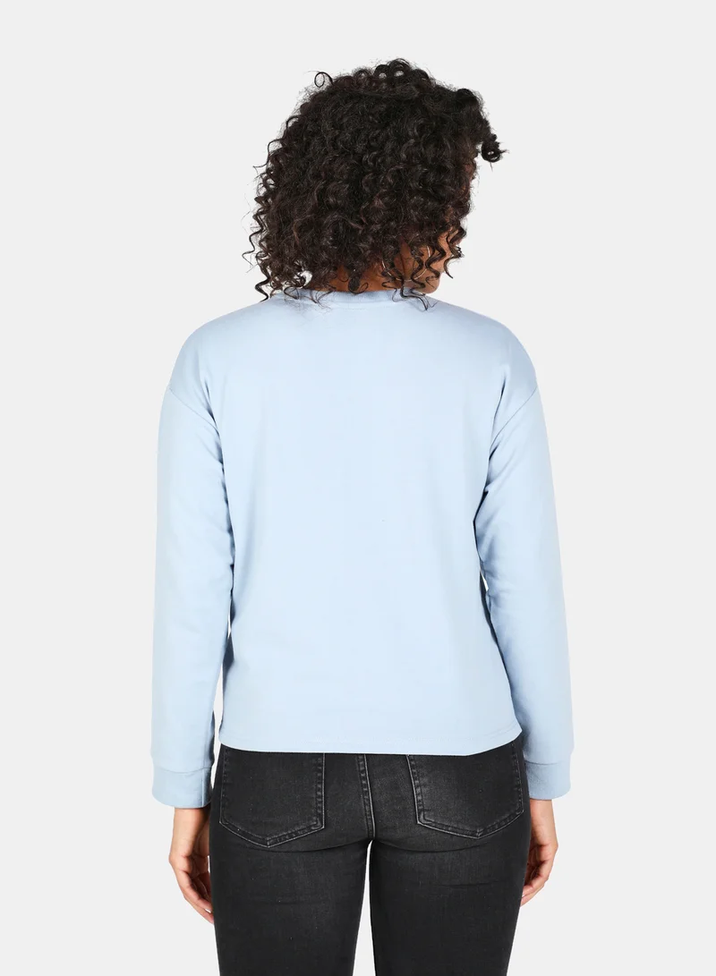 DRIP Graphic Printed Crew Neck Regular Fit Crop Sweatshirt Blue Fog