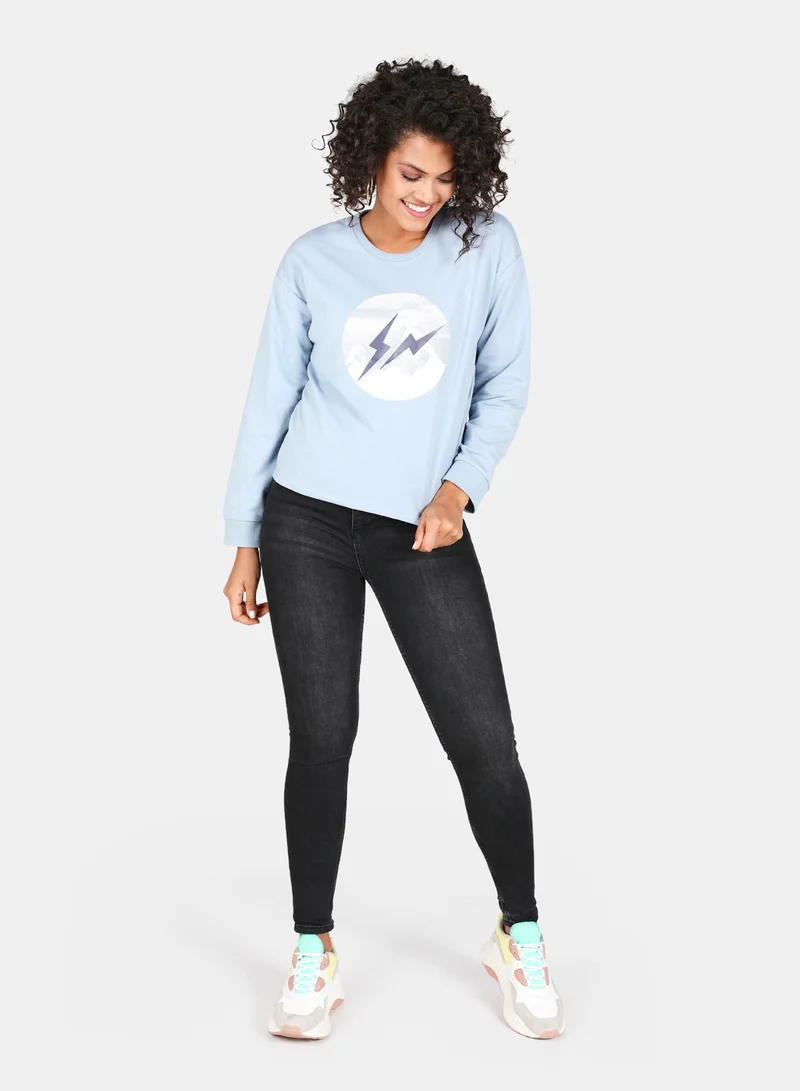 DRIP Graphic Printed Crew Neck Regular Fit Crop Sweatshirt Blue Fog