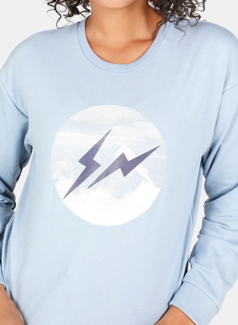 DRIP Graphic Printed Crew Neck Regular Fit Crop Sweatshirt Blue Fog