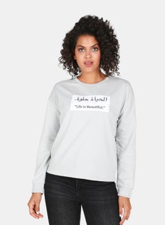 Casual Life Is Beautiful Printed Crew Neck Regular Fit Sweatshirt Grey