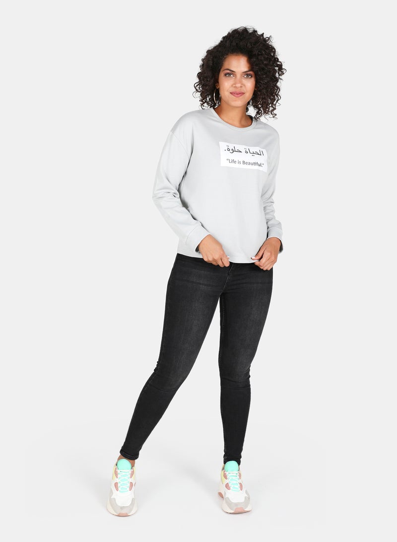 DRIP - Casual Life Is Beautiful Printed Crew Neck Regular Fit Sweatshirt Grey - Image 1