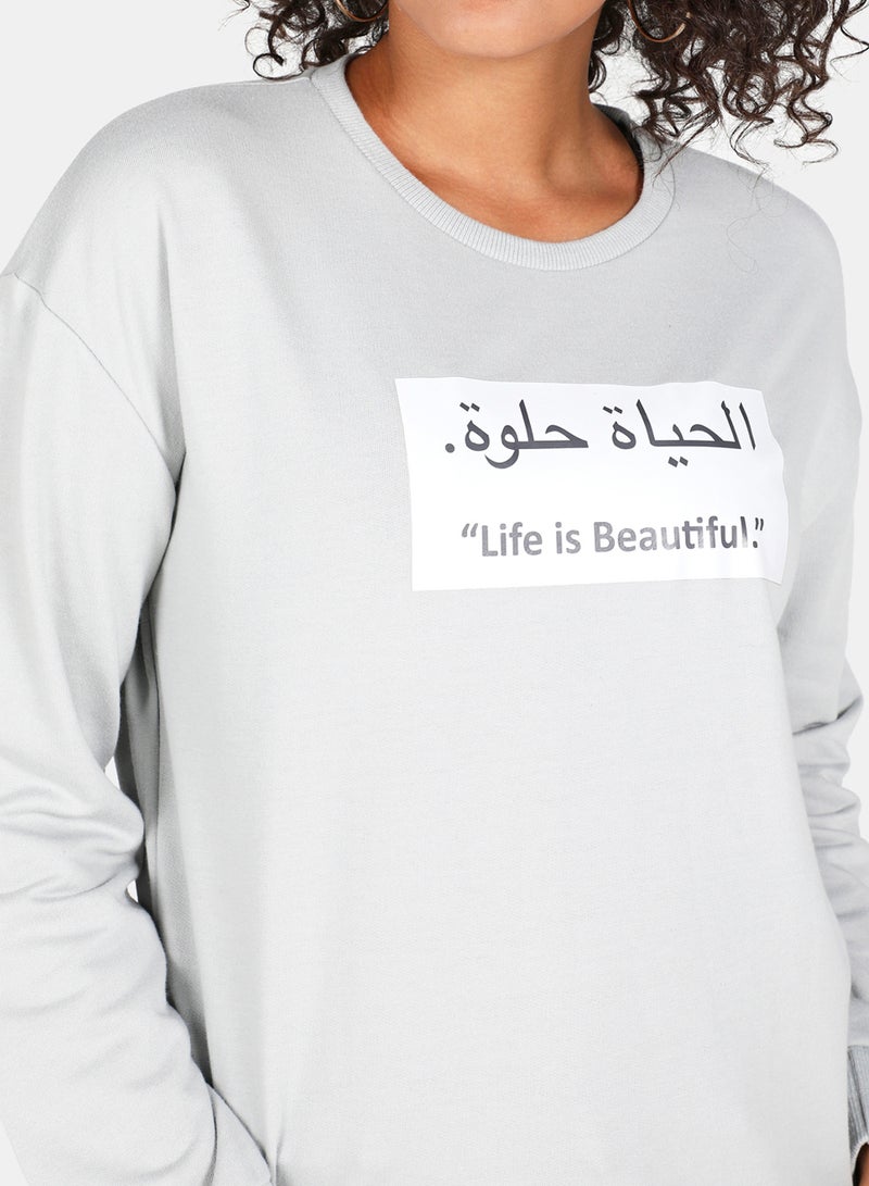 DRIP - Casual Life Is Beautiful Printed Crew Neck Regular Fit Sweatshirt Grey - Image 1