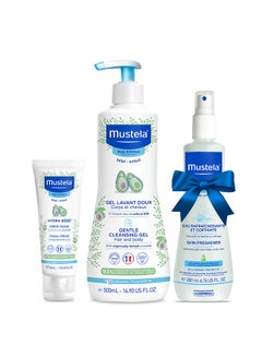 Mustela Pack Of 3 Baby Cleansing And Hydration Essentials Cleansing Gel, Face Cream, Skin Freshener  - Image 1