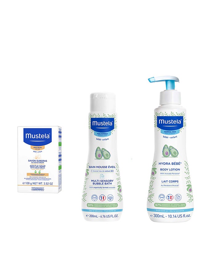 Mustela 3-Piece Baby Bathtime Fun Essentials Gentle Soap With Cold Cream And Body Lotion, Bubble Bath with Organic Avocado, 100g+200ml+300ml - Image 1