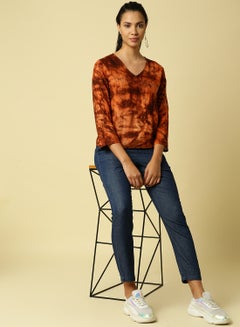 Aila V-Neck Three Quarter Sleeve Top Orange/Brown  - Image 3