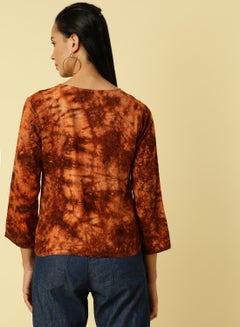 Aila V-Neck Three Quarter Sleeve Top Orange/Brown  - Image 2