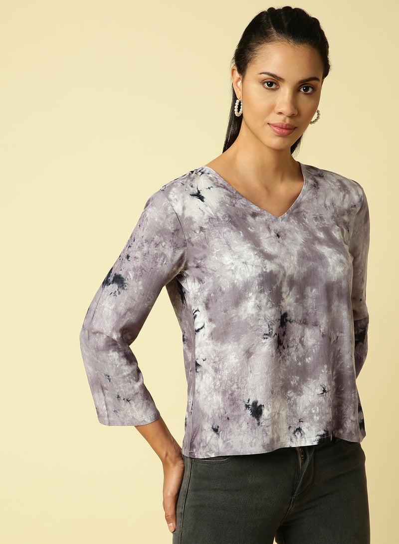 Aila Long Sleeve Printed Top Grey Multi - Image 1