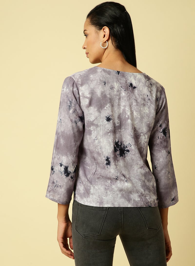 Aila Long Sleeve Printed Top Grey Multi - Image 2