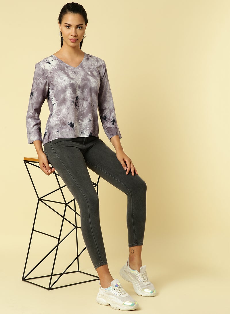 Aila Long Sleeve Printed Top Grey Multi - Image 3
