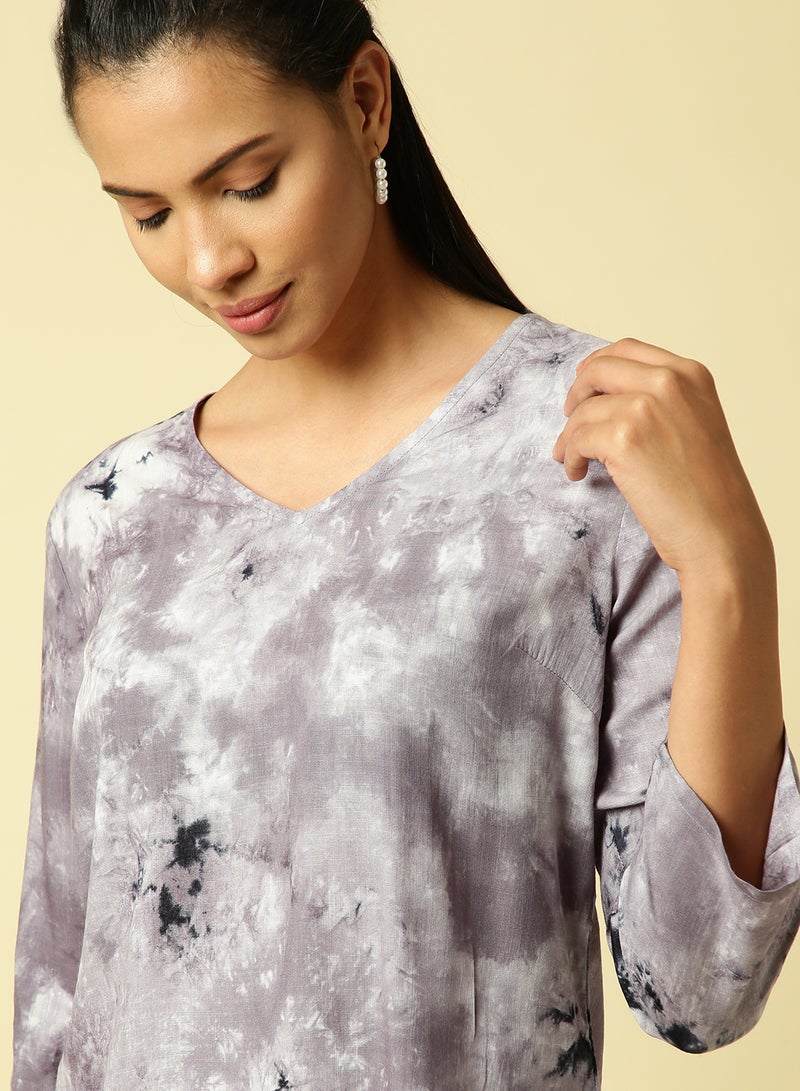 Aila Long Sleeve Printed Top Grey Multi - Image 4