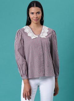 Checkered Pattern Top Maroon/White