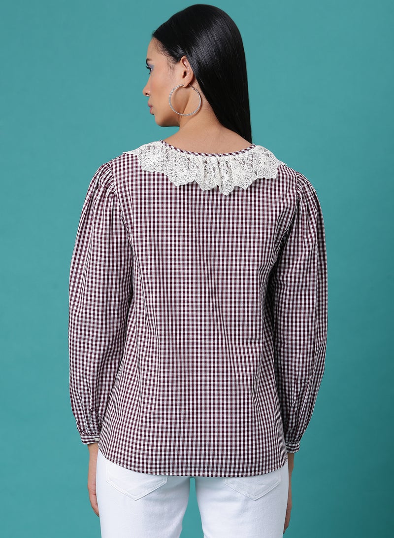 Aila - Checkered Pattern Top Maroon/White - Image 1