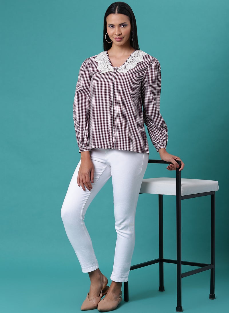 Aila - Checkered Pattern Top Maroon/White - Image 1