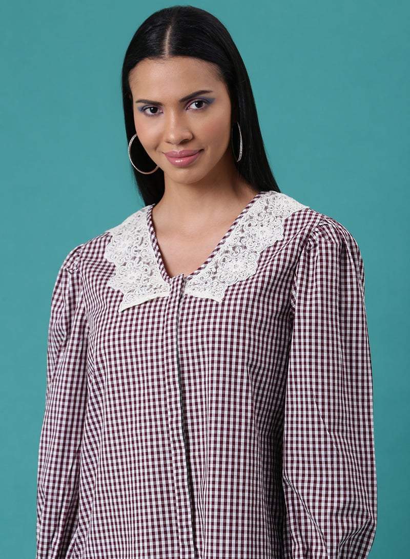 Aila - Checkered Pattern Top Maroon/White - Image 1