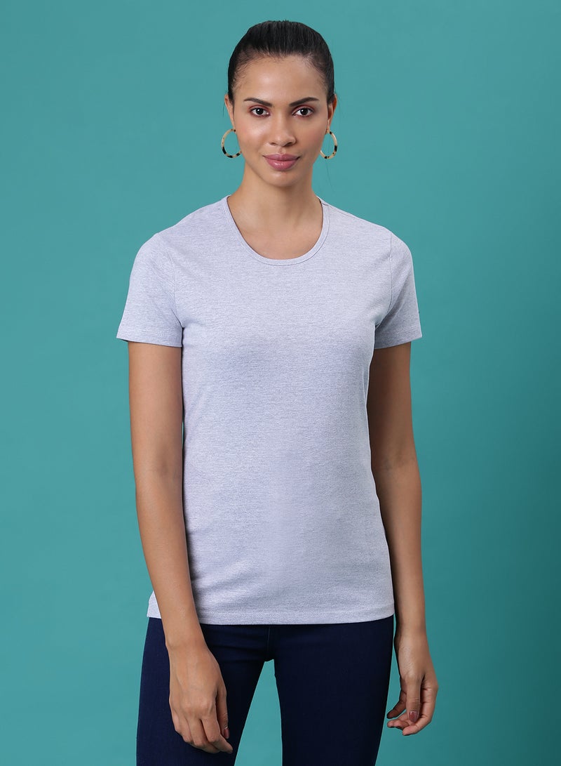 Aila Solid Pattern Round Neck T-Shirt Oatmeal Melange - Image 1