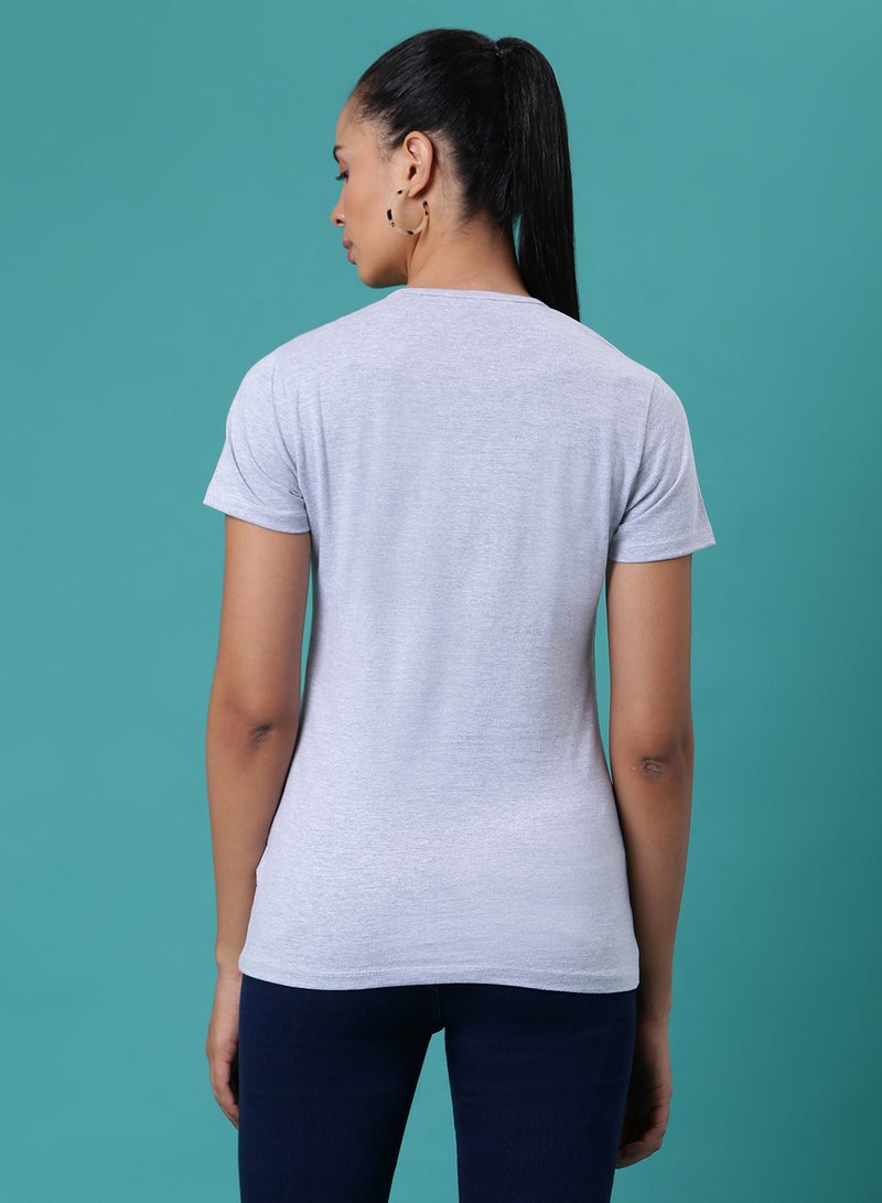 Aila Solid Pattern Round Neck T-Shirt Oatmeal Melange - Image 2