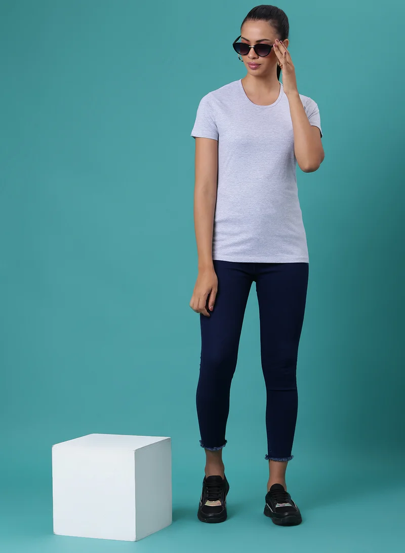 Aila Solid Pattern Round Neck T-Shirt Oatmeal Melange