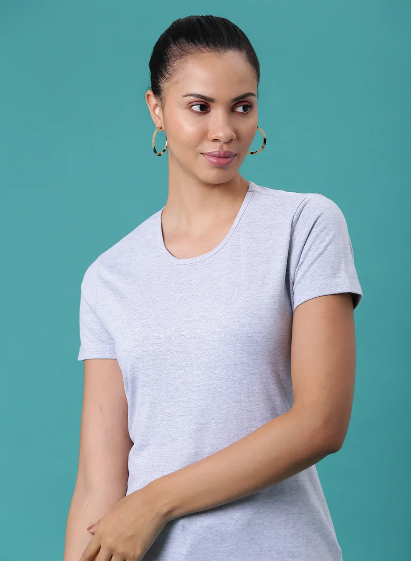 Aila Solid Pattern Round Neck T-Shirt Oatmeal Melange