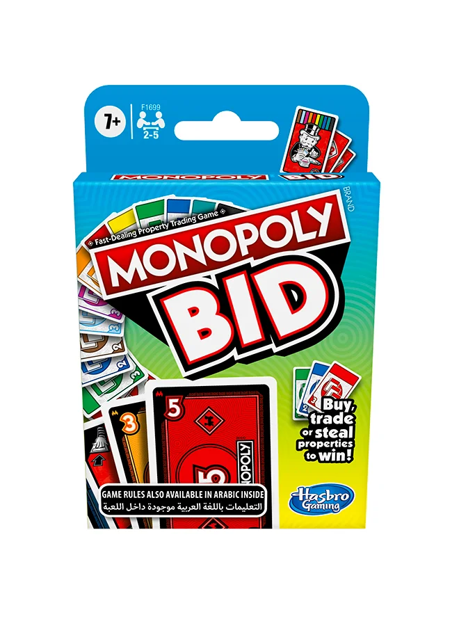 مونوبولي Monopoly Bid Card Game - Fast-Paced Auction Fun, Collect Property Sets & Use Action Cards, for 2-6 Players, Game For Families And Kids Ages 7 And Up 1 Players
