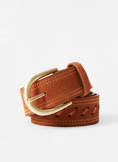 MANGO Leather Belt Brown