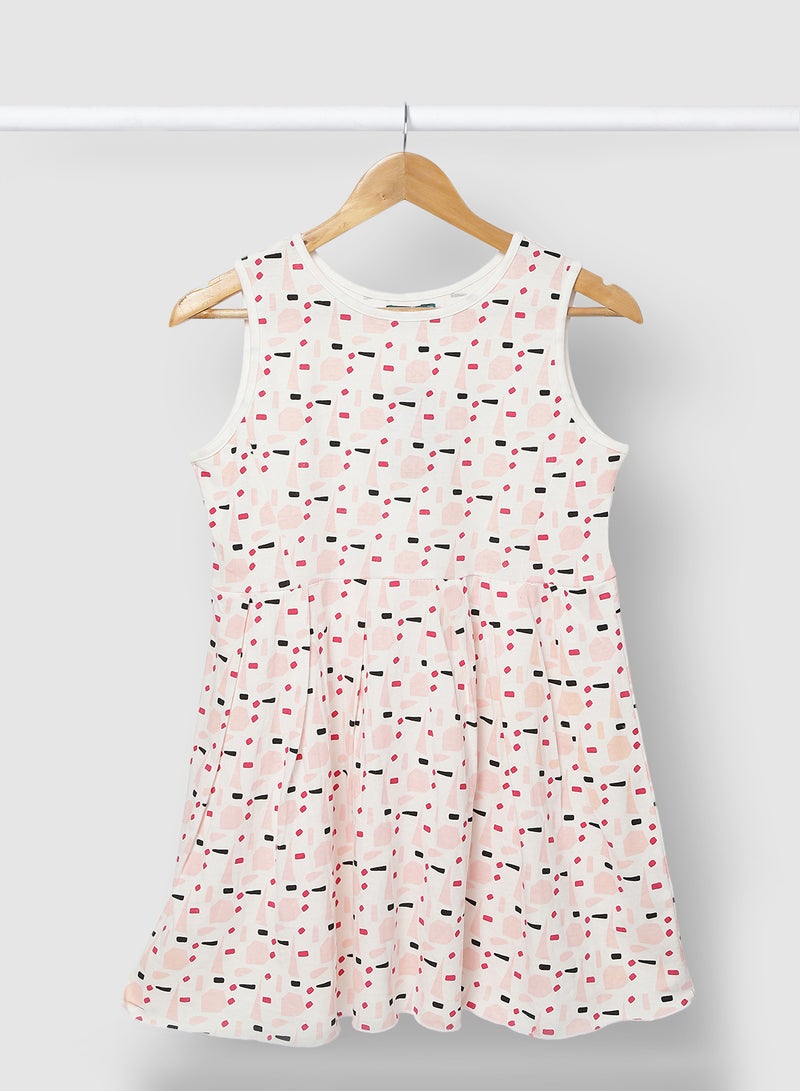 RAHA Girls Smart Casual Wear Frock In All Over Print Pink  - Image 1