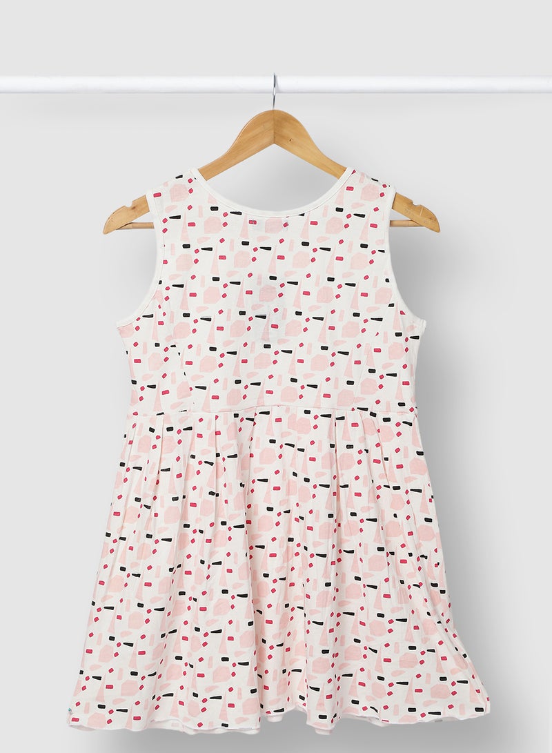 RAHA Girls Smart Casual Wear Frock In All Over Print Pink  - Image 2