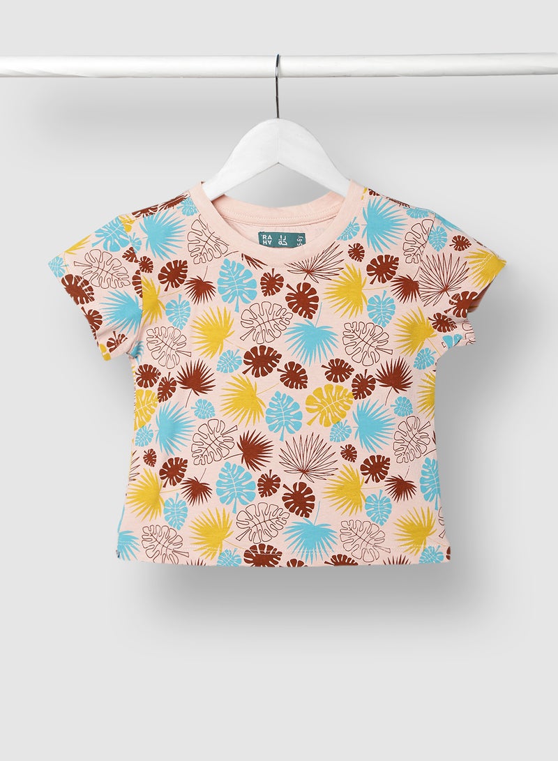 RAHA - Girls Printed Funky Pure Cotton T-Shirt Light Brown - Image 1