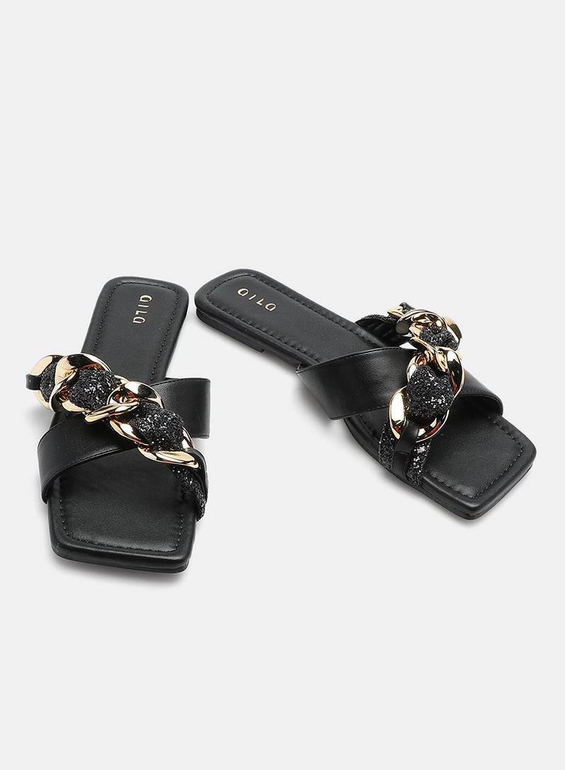 Aila - Criss-Cross Chain Detail Strap Flat Sandals Black/Gold - Image 1