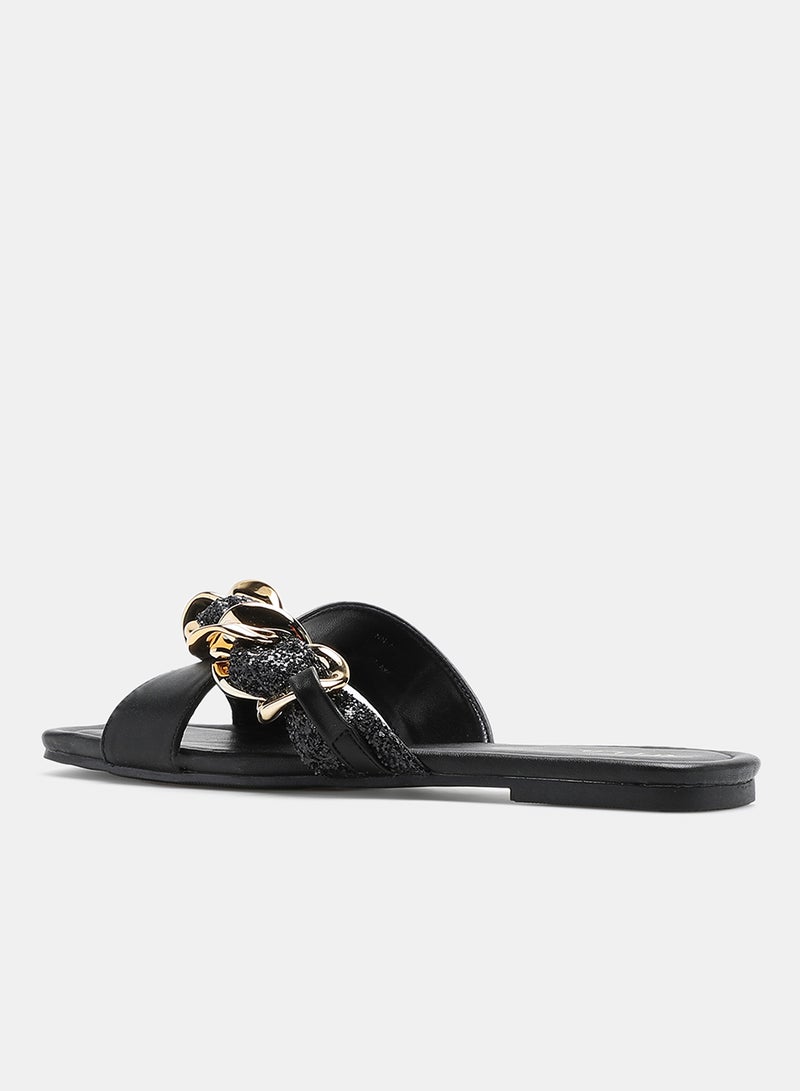 Aila - Criss-Cross Chain Detail Strap Flat Sandals Black/Gold - Image 1