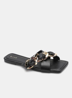Criss-Cross Chain Detail Strap Flat Sandals Black/Gold