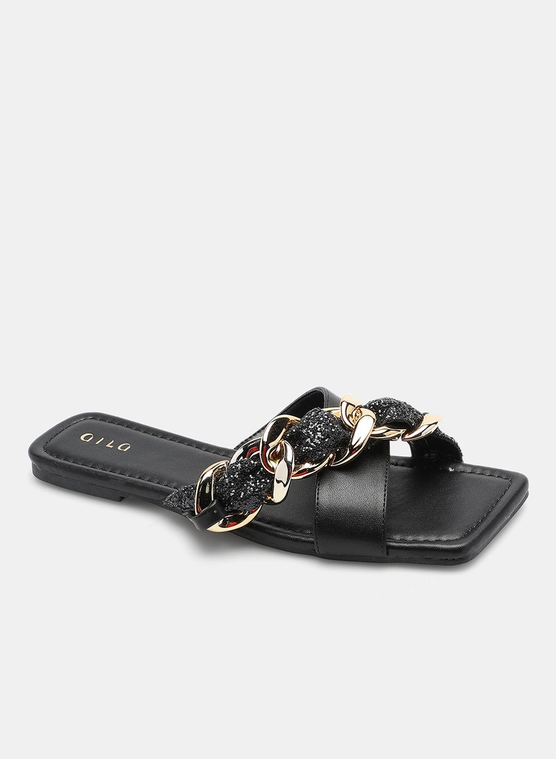 Aila - Criss-Cross Chain Detail Strap Flat Sandals Black/Gold - Image 1