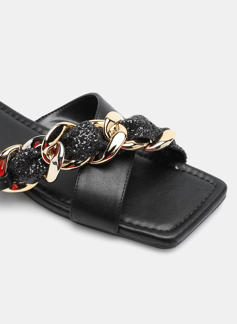 Aila - Criss-Cross Chain Detail Strap Flat Sandals Black/Gold - Image 1
