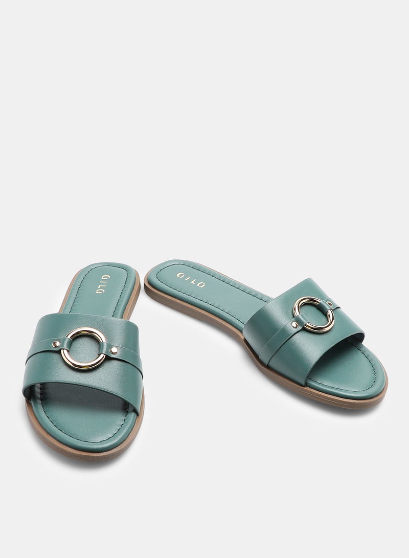 Aila - Buckle Detail Strap Slides Olive/Silver - Image 1