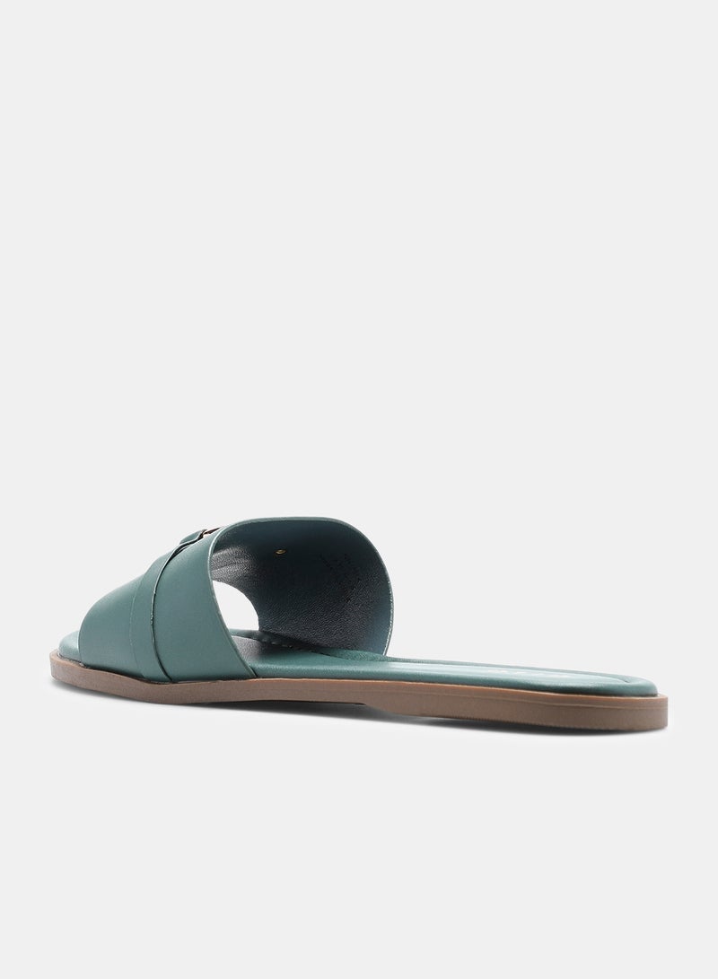 Aila - Buckle Detail Strap Slides Olive/Silver - Image 1