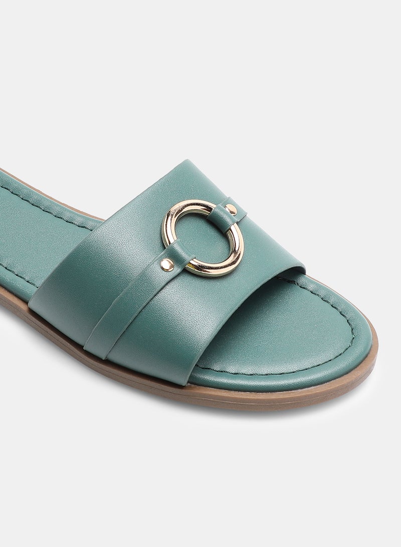 Aila - Buckle Detail Strap Slides Olive/Silver - Image 1
